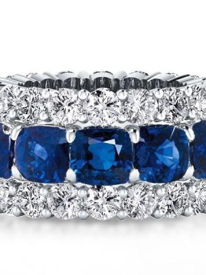 Cushion Cut Created Sapphire Triple Row Eternity Wedding Band in Sterling Silver