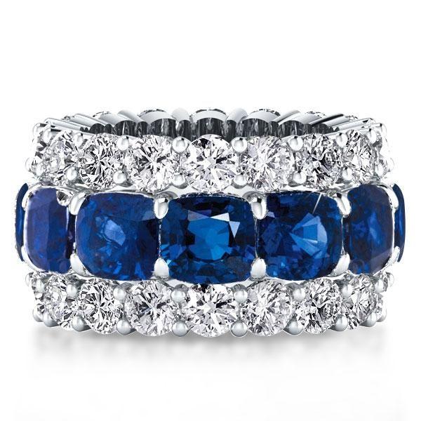 Cushion Cut Created Sapphire Triple Row Eternity Wedding Band in Sterling Silver