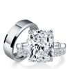 Three Stone White Sapphire Wedding Set - Sterling Silver & Titanium