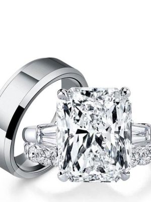 Three Stone White Sapphire Wedding Set - Sterling Silver & Titanium