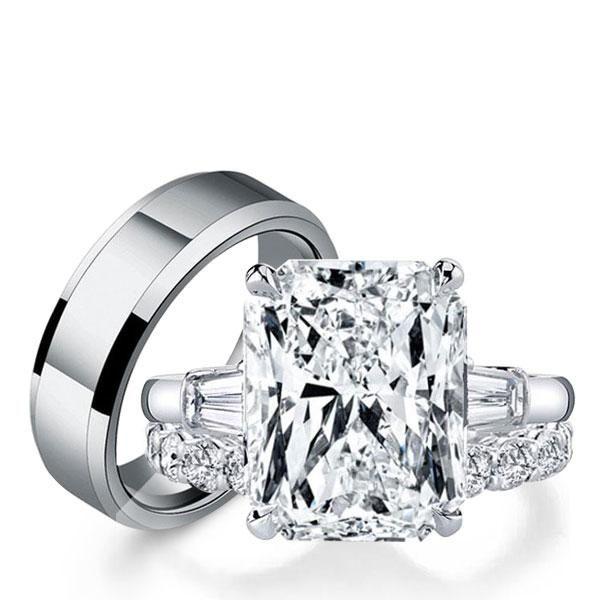 Three Stone White Sapphire Wedding Set - Sterling Silver & Titanium