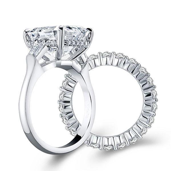 Three Stone White Sapphire Wedding Set - Sterling Silver & Titanium