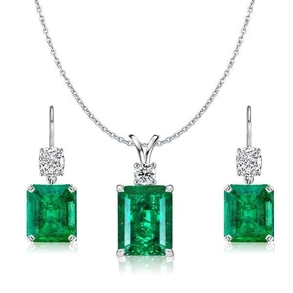 Emerald Jewelry Set Necklace and Drop Earrings in 925 Sterling Silver