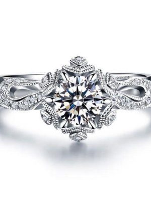 Snowflake & Fire Created White Sapphire Engagement Ring - Sterling Silver Wedding Jewelry