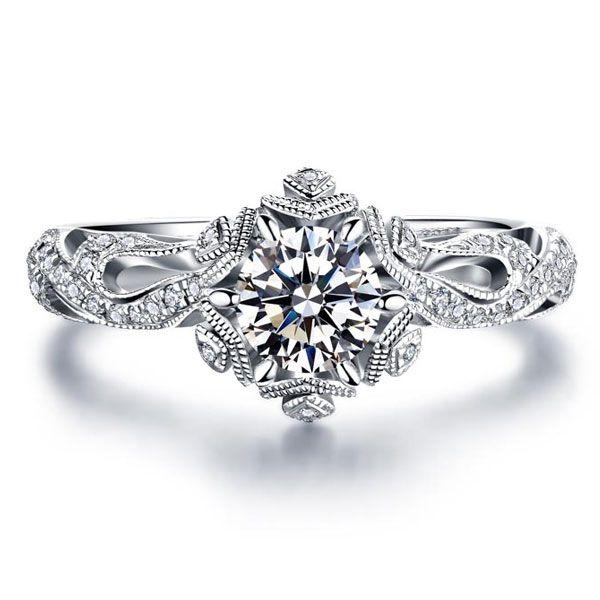 Snowflake & Fire Created White Sapphire Engagement Ring - Sterling Silver Wedding Jewelry