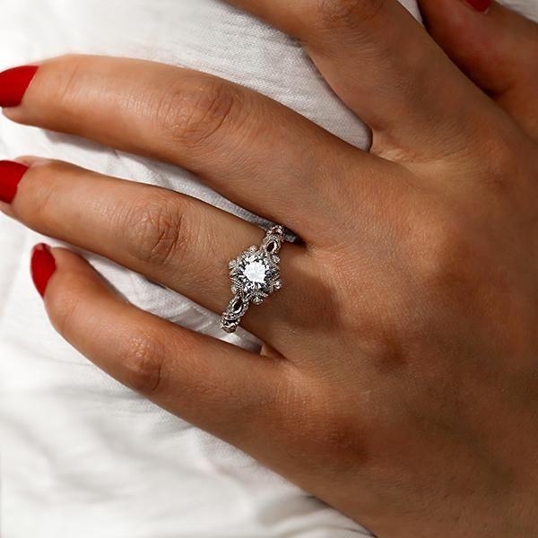 Snowflake & Fire Created White Sapphire Engagement Ring - Sterling Silver Wedding Jewelry