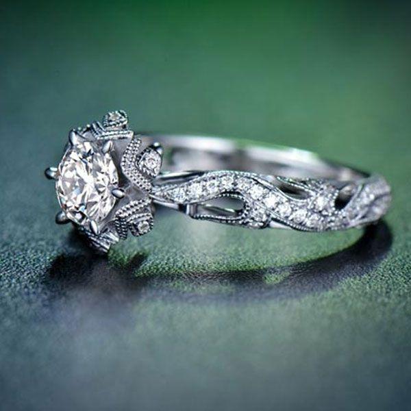 Snowflake & Fire Created White Sapphire Engagement Ring - Sterling Silver Wedding Jewelry