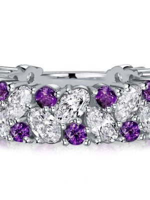 Oval Amethyst Cluster Ring - 925 Sterling Silver Wedding Band Anniversary Ring