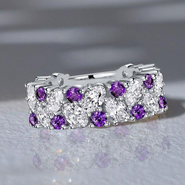 Oval Amethyst Cluster Ring - 925 Sterling Silver Wedding Band Anniversary Ring