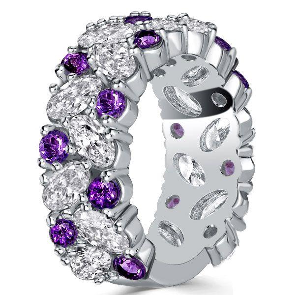 Oval Amethyst Cluster Ring - 925 Sterling Silver Wedding Band Anniversary Ring