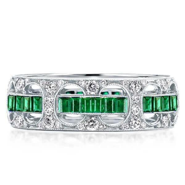 Art Deco Emerald Cut Eternity Wedding Band Milgrain Detail 925 Sterling Silver Ring