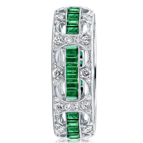 Art Deco Emerald Cut Eternity Wedding Band Milgrain Detail 925 Sterling Silver Ring