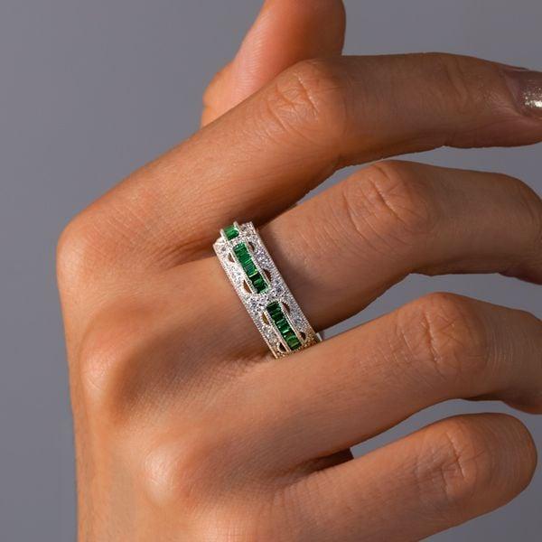 Art Deco Emerald Cut Eternity Wedding Band Milgrain Detail 925 Sterling Silver Ring