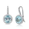 Round Cut Aquamarine Halo Drop Earrings in Rhodium Plated 925 Sterling Silver