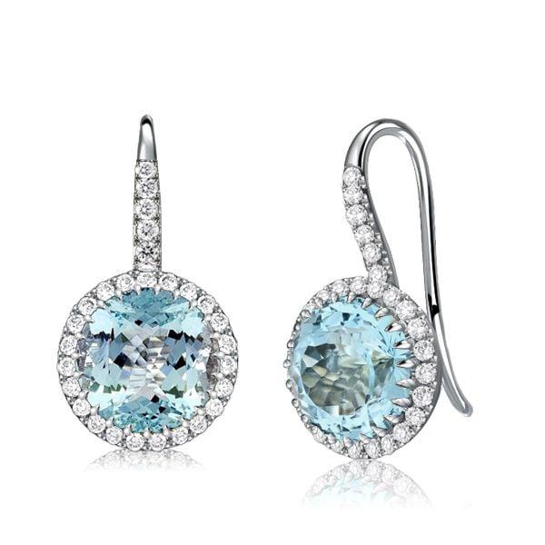 Round Cut Aquamarine Halo Drop Earrings in Rhodium Plated 925 Sterling Silver