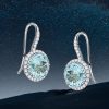 Round Cut Aquamarine Halo Drop Earrings in Rhodium Plated 925 Sterling Silver