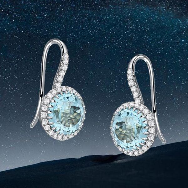 Round Cut Aquamarine Halo Drop Earrings in Rhodium Plated 925 Sterling Silver
