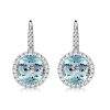 Round Cut Aquamarine Halo Drop Earrings in Rhodium Plated 925 Sterling Silver