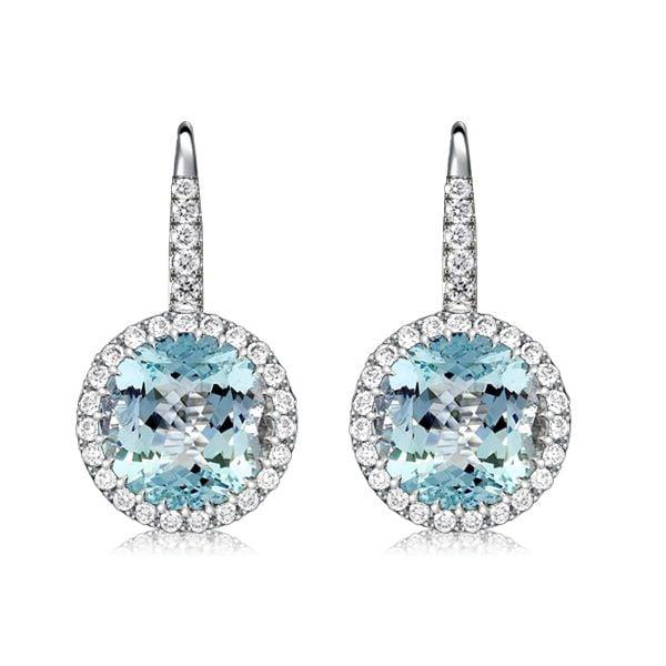 Round Cut Aquamarine Halo Drop Earrings in Rhodium Plated 925 Sterling Silver