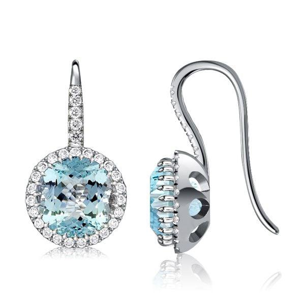 Round Cut Aquamarine Halo Drop Earrings in Rhodium Plated 925 Sterling Silver