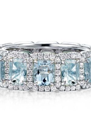 Aquamarine Halo Cushion Cut Wedding Band | 12.43 CT. TW. Sterling Silver Ring