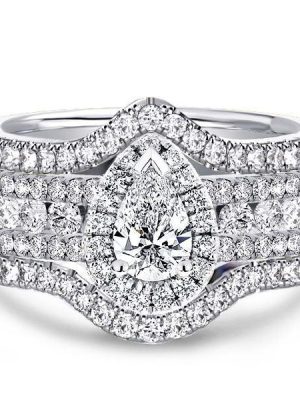 3 Piece Pear Cut Wedding Ring Set in Rhodium-Plated Sterling Silver