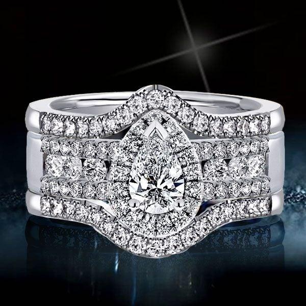 3 Piece Pear Cut Wedding Ring Set in Rhodium-Plated Sterling Silver