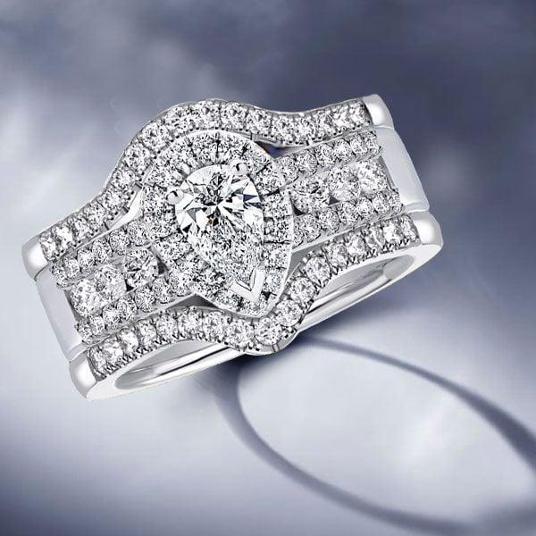 3 Piece Pear Cut Wedding Ring Set in Rhodium-Plated Sterling Silver