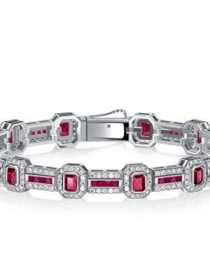 Halo Emerald Cut Ruby Bracelet - 925 Sterling Silver Wedding Bracelet
