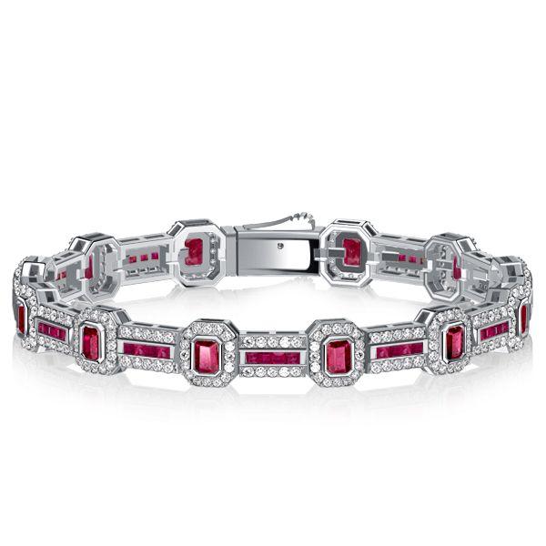 Halo Emerald Cut Ruby Bracelet - 925 Sterling Silver Wedding Bracelet