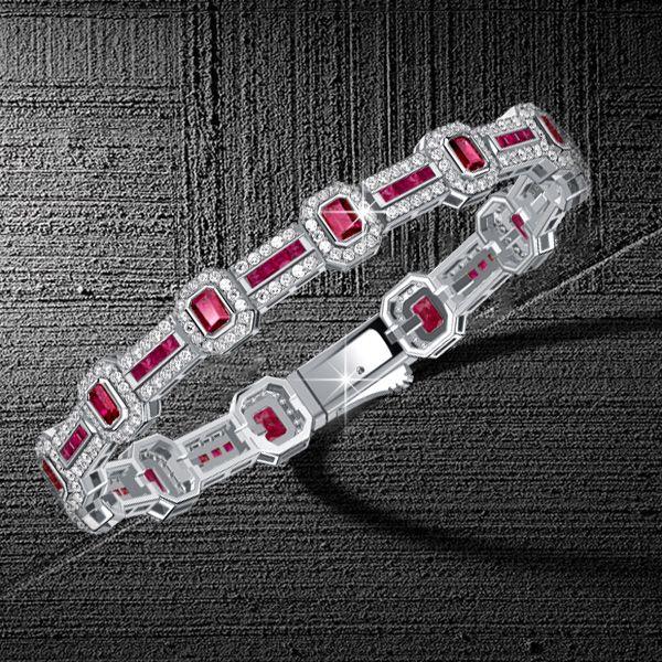 Halo Emerald Cut Ruby Bracelet - 925 Sterling Silver Wedding Bracelet