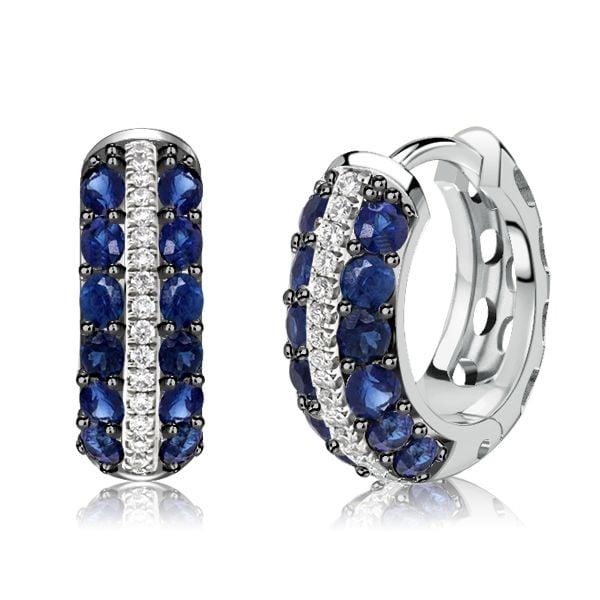16mm Triple Row Blue and White Round Stone Huggie Hoop Earrings in 925 Sterling Silver
