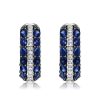 16mm Triple Row Blue and White Round Stone Huggie Hoop Earrings in 925 Sterling Silver