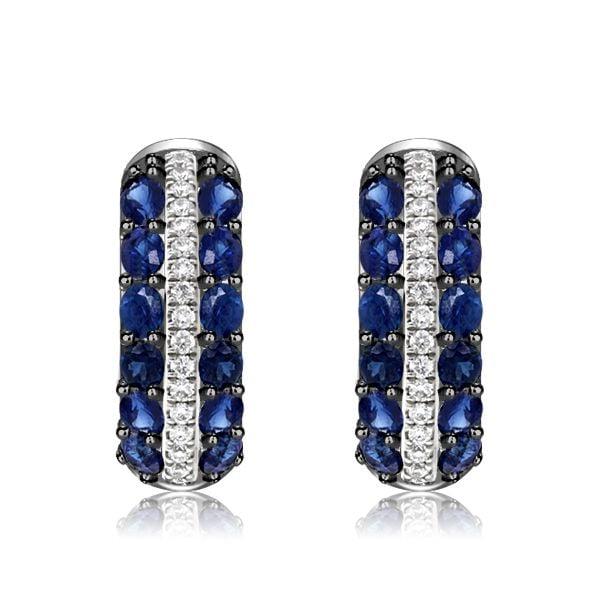 16mm Triple Row Blue and White Round Stone Huggie Hoop Earrings in 925 Sterling Silver