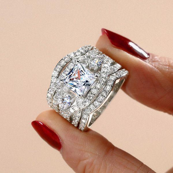 Twist Three Stone Wedding Ring Set - 925 Sterling Silver - 2.00 CT Center Stone