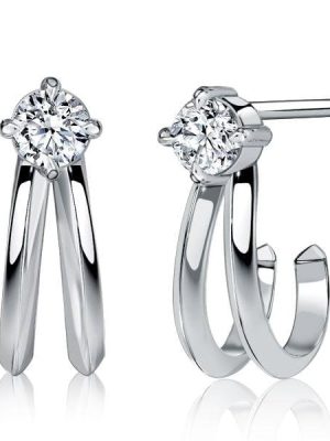 Split Claw White Sapphire Stud Earrings for Women in Rhodium Plated 925 Sterling Silver