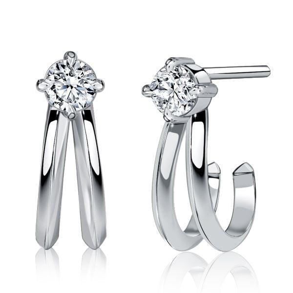 Split Claw White Sapphire Stud Earrings for Women in Rhodium Plated 925 Sterling Silver