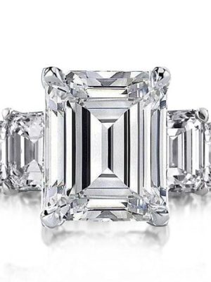 Three Stone Emerald Cut Created White Sapphire Engagement Ring in Sterling Silver