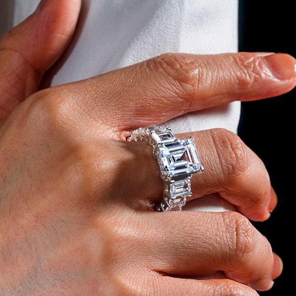 Three Stone Emerald Cut Created White Sapphire Engagement Ring in Sterling Silver