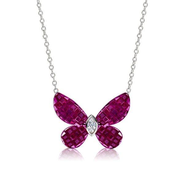Dancing Butterfly Pendant Necklace for Women, Genuine Ruby and Sapphire, 925 Sterling Silver