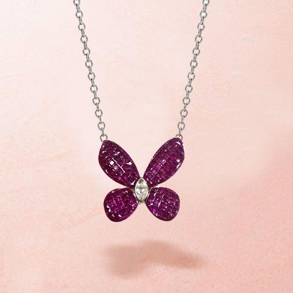 Dancing Butterfly Pendant Necklace for Women, Genuine Ruby and Sapphire, 925 Sterling Silver