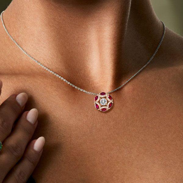 Two-Tone Round Cut White & Ruby Sapphire Sterling Silver Pendant Necklace