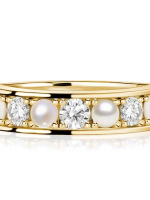 White Sapphire and Pearl Wedding Band - 18K Gold Plated Sterling Silver