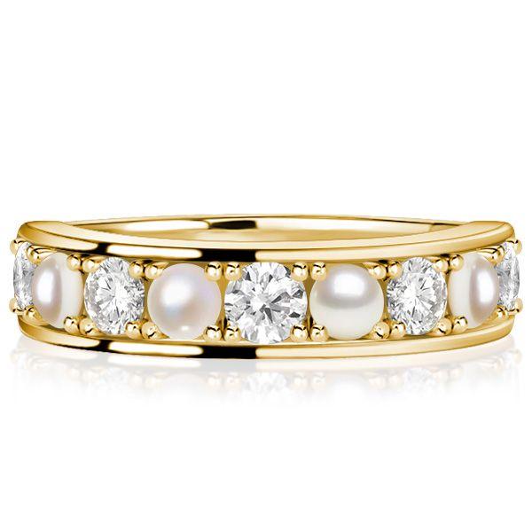 White Sapphire and Pearl Wedding Band - 18K Gold Plated Sterling Silver