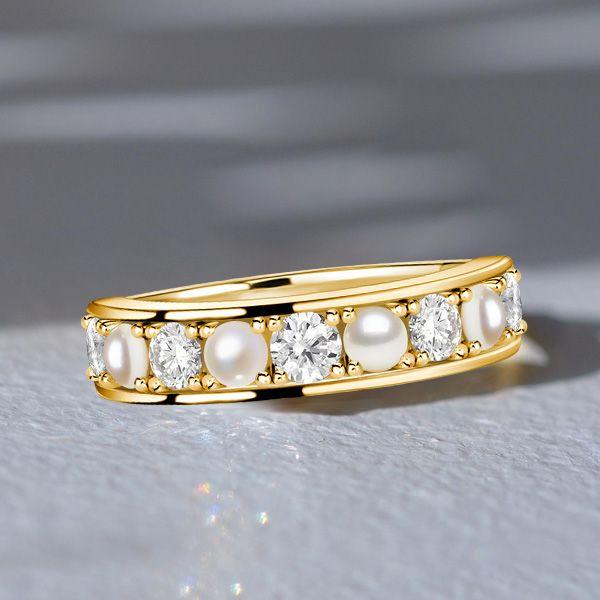 White Sapphire and Pearl Wedding Band - 18K Gold Plated Sterling Silver