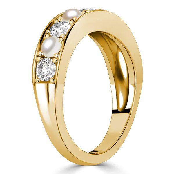 White Sapphire and Pearl Wedding Band - 18K Gold Plated Sterling Silver