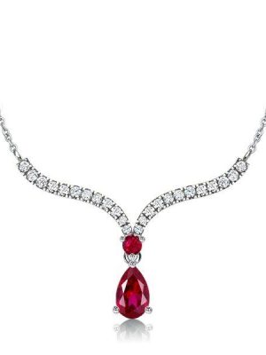 Ruby Pear Cut Silver Pendant Necklace - V-Shaped, 925 Sterling Silver