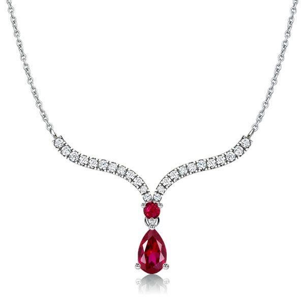 Ruby Pear Cut Silver Pendant Necklace - V-Shaped, 925 Sterling Silver