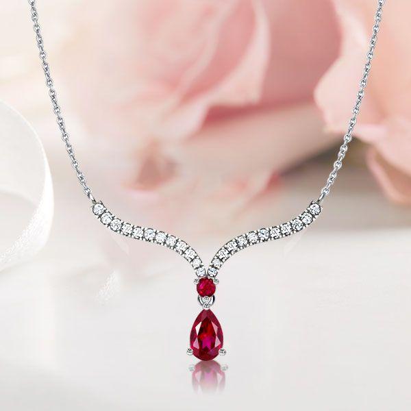 Ruby Pear Cut Silver Pendant Necklace - V-Shaped, 925 Sterling Silver