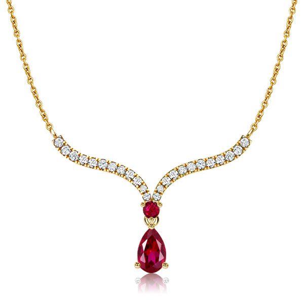 Ruby Pear Cut Silver Pendant Necklace - V-Shaped, 925 Sterling Silver